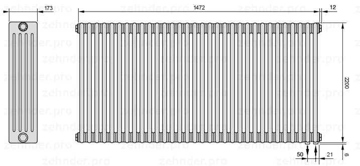Схема (чертеж) Радиатор Zehnder Charleston 5220/32 №5510 Белый глянцевый RAL 9016
